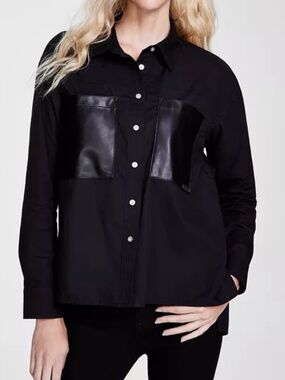 DKNY Jeans Women's Faux-Leather-Pocket High-Low Shirt Size XXS NWOT